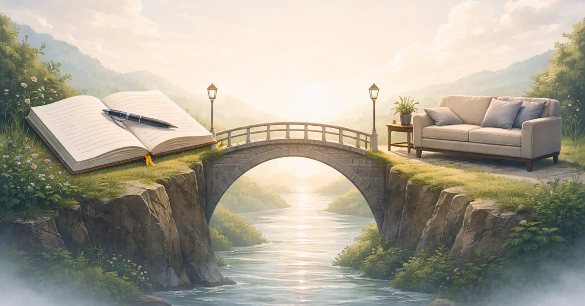 A journal notebook on one side and a therapy couch on the other, connected by a bridge, representing the relationship between journaling and professional therapy.