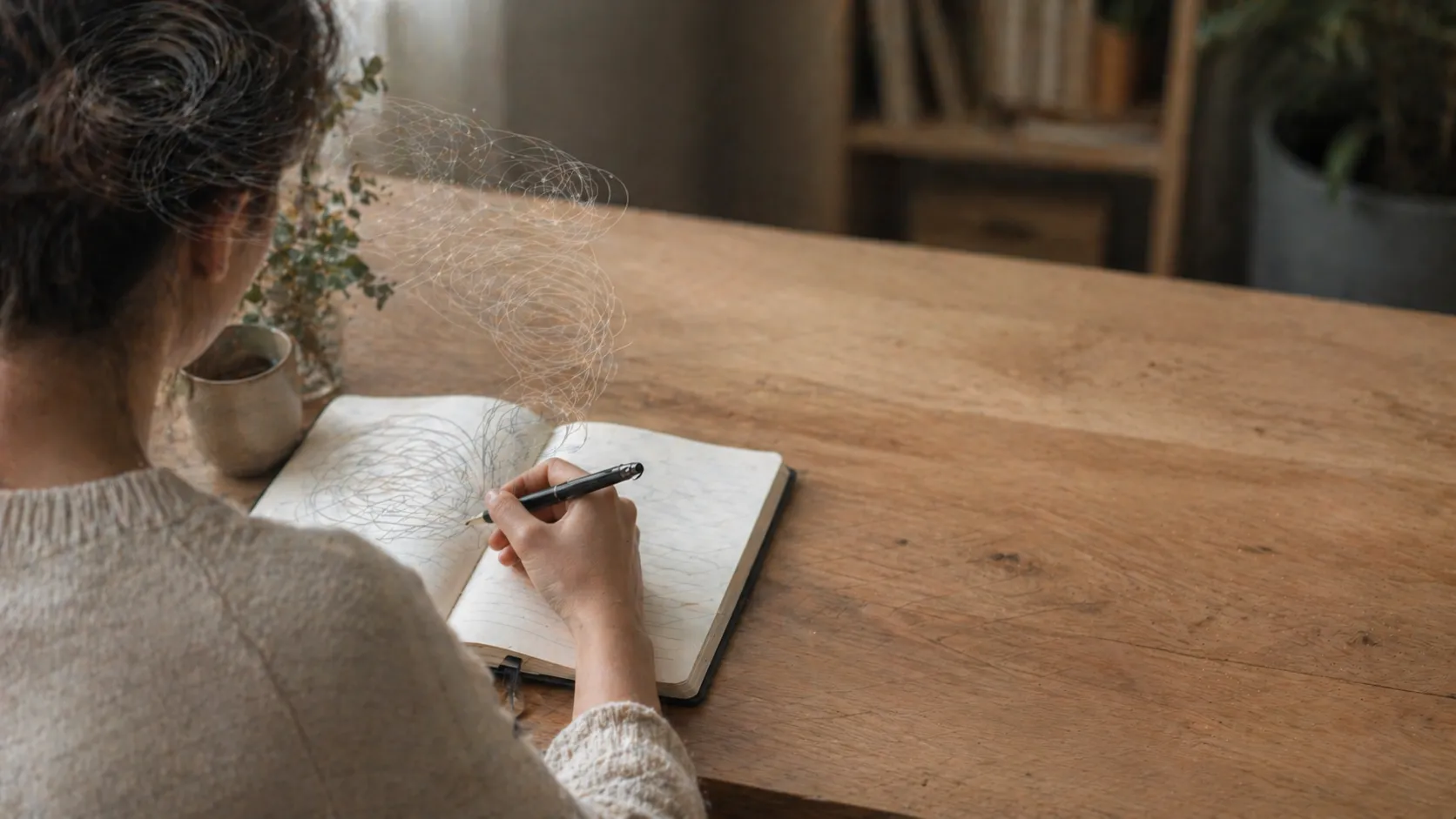 Does journaling help with overthinking? A person writing quietly in a notebook at a calm desk — exploring the research on rumination, repetitive thought, and expressive writing.