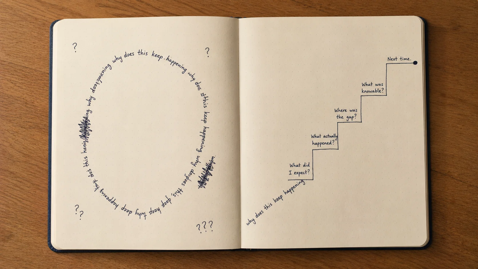 Does journaling help you learn from mistakes: an open notebook on a plain wooden surface, photographed from above. The left page shows a tight, dense closed loop of dark ink, the phrase 'why does this keep happening' written along its path eight or nine times so the words become the line; question marks and scribbled-out words crowd the margins, the pen pressure visibly heavier. The right page begins with the same phrase but the line breaks out of the loop and rises diagonally into a clean upward staircase of five short steps, each labelled in the same hand, smaller and calmer: 'What did I expect? — What actually happened? — Where was the gap? — What was knowable? — Next time.' The final step ends in a single small dot, settled rather than pushing. Same hand, same notebook, same problem — the difference between rumination as a closed loop and reflection as a staircase out of it.