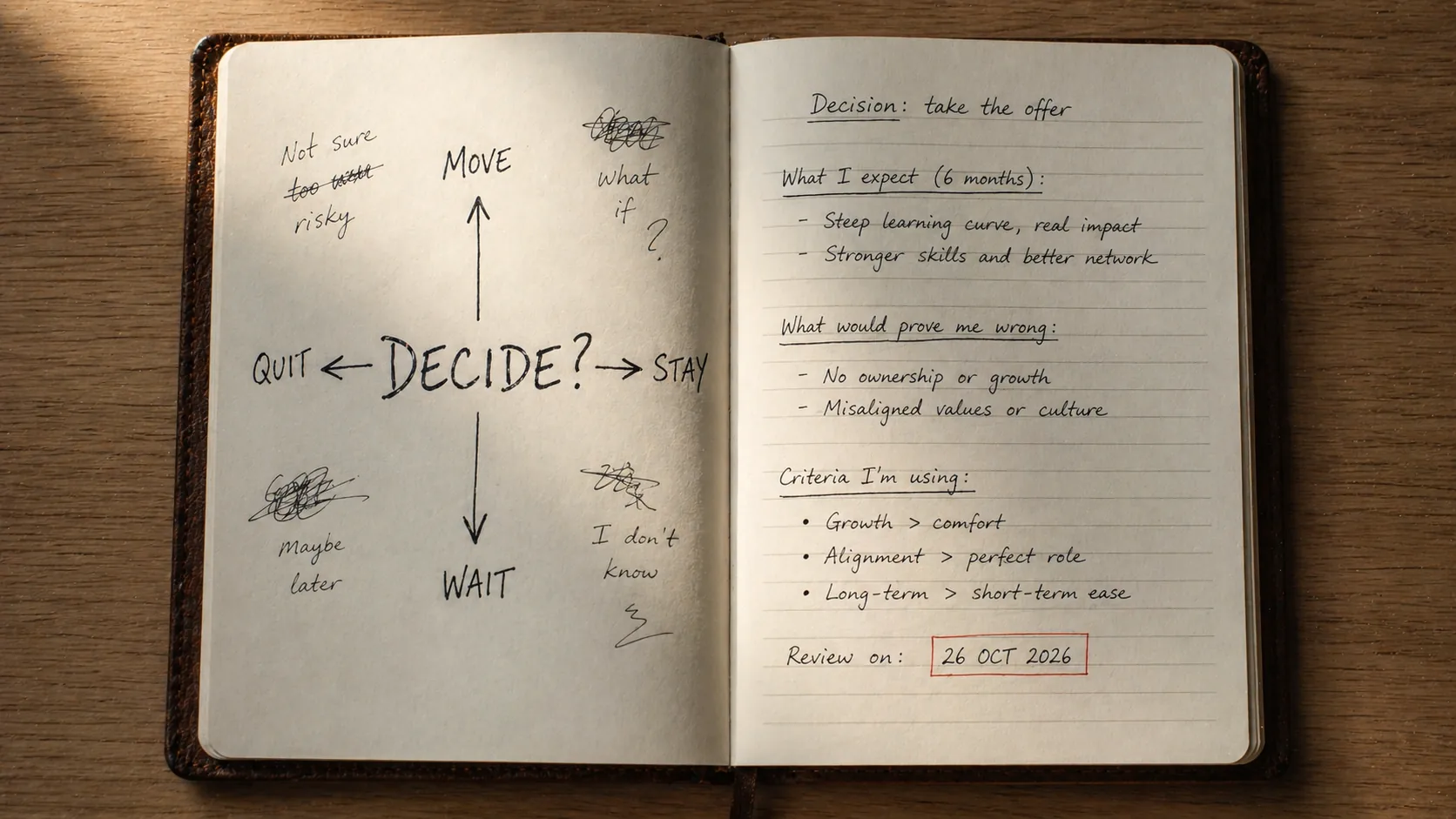 Does journaling help you make better decisions: an open leather-bound notebook on a wooden desk. The left page is the same decision as it lives in your head — a chaotic 'DECIDE?' in the centre with arrows pointing to MOVE, STAY, QUIT, and WAIT, and scribbled hesitations in the margins ('Not sure too risky', 'What if?', 'Maybe later', 'I don't know'). The right page is the same decision once it has been written out — under the heading 'Decision: take the offer', four labelled sections cover what I expect in six months, what would prove me wrong, the criteria I'm using, and a review date of 26 OCT 2026 boxed in red. The contrast between the two pages — same hand, same problem, totally different relationship to the problem — is the entire image.
