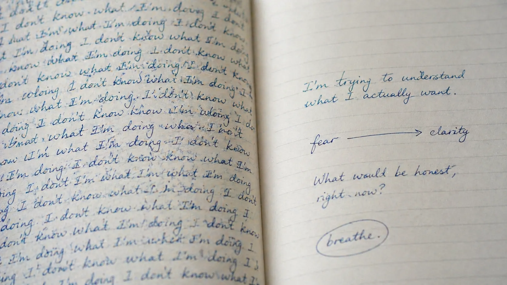 How journaling improves self-awareness: an open notebook with the left page densely filled with the repeated phrase 'I don't know what I'm doing' — rumination on paper — while the right page contains calm, structured reflection: 'I'm trying to understand what I actually want', an arrow from fear to clarity, the question 'what would be honest, right now?', and a single circled word 'breathe'.