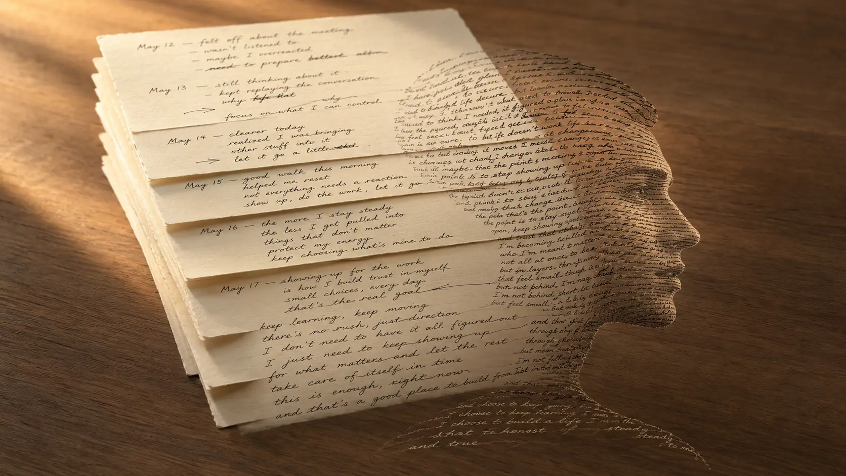 How journaling shapes your identity: an overhead photograph of a quiet walnut desk in warm amber morning light. A stack of six fanned cream journal pages lies in the centre, each page handwritten in the same calm dark ink and dated in sequence — May 12 through May 17 — with bullet-style entries on each ("felt off about the meeting", "still thinking about it", "clearer today", "good walk this morning", "the more I stay steady, the less I get pulled into things that don't matter", "showing up for the work is how I build trust in myself"). Crossed-out words and small arrows crowd the margins of the earlier pages; the entries lengthen and steady as the dates progress. To the right of the stack, the same handwriting continues off the edge of the pages onto the wood of the desk and composes, in mid-air just above the surface, the soft profile of a human face turned to the right. The face is not drawn — it is made entirely of writing: small dated sentences forming the cheekbone, longer reflective passages forming the jaw and neck, a single bold paragraph along the line of the forehead. The silhouette is half-transparent so the desk grain is faintly visible through it. The picture says that the self is not chosen in one decision; it is composed, slowly, out of the entries you have already written about yourself.