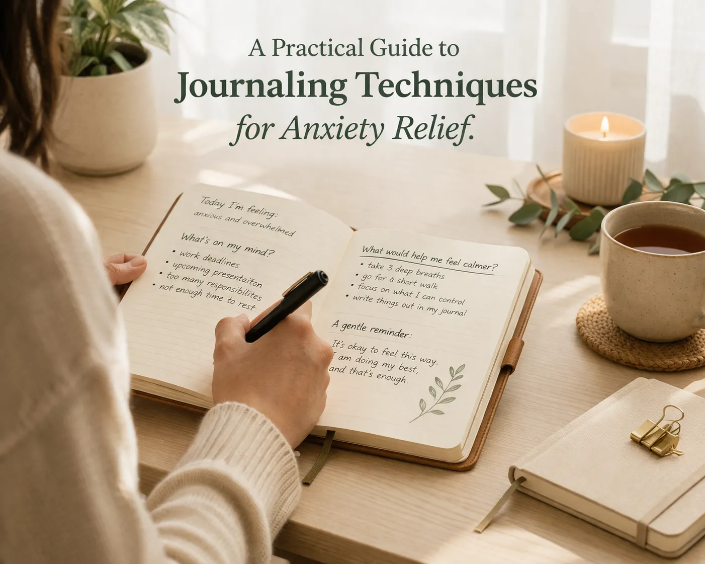 A person writing in a journal at a calm desk — a practical guide to journaling techniques for anxiety relief.