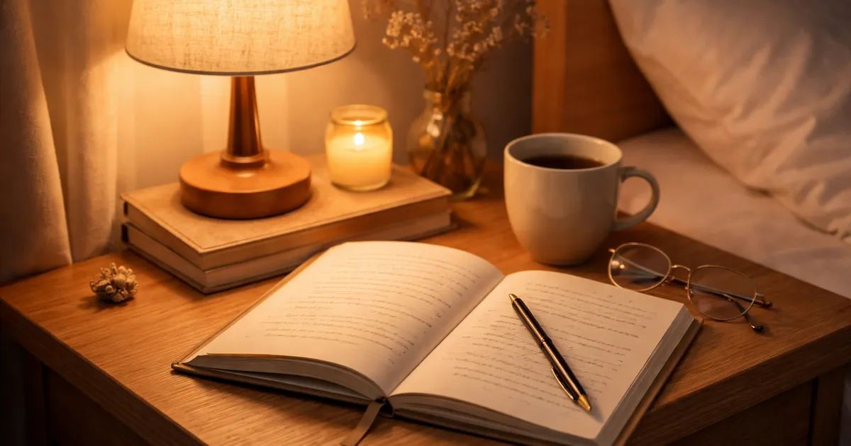 A softly lit bedside table with an open journal and a warm reading lamp, evoking a calm nighttime writing routine.