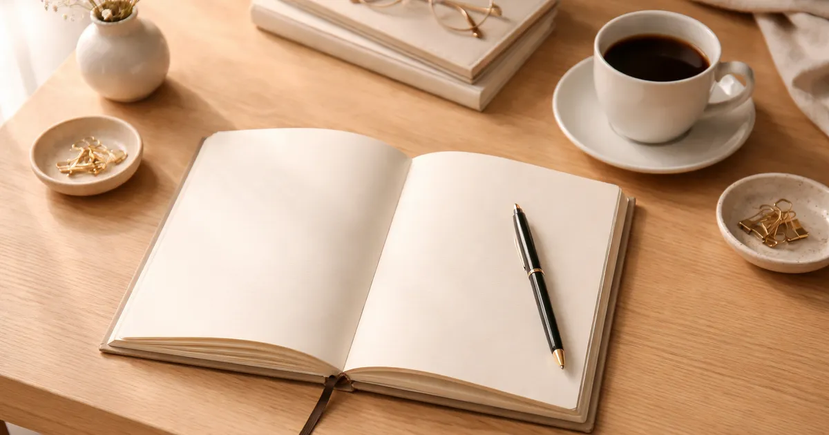 A clean desk with an open journal and a cup of coffee, inviting a calm first journaling session.