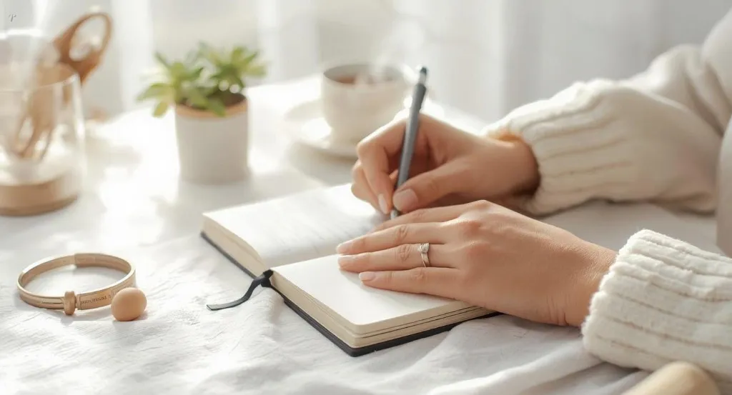 Person writing in a journal in a calm, well-lit setting — journaling for self-reflection and mental wellness.