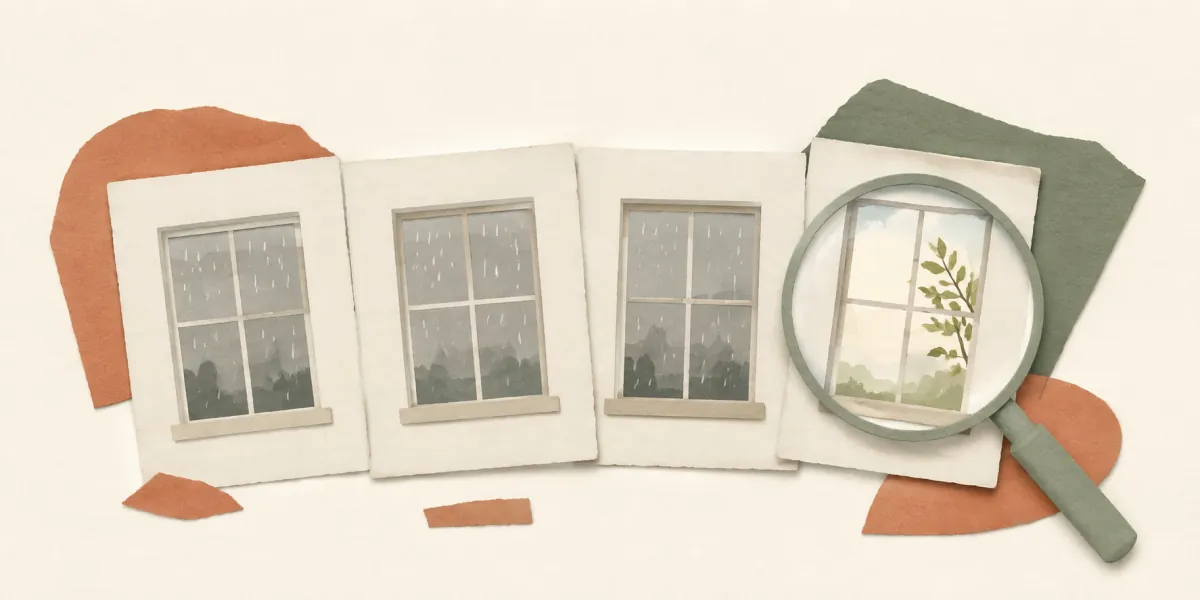 A magnifying glass highlights a clear view among picture cards of rainy windows.