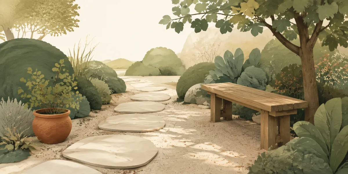 A short path of stepping stones curves beside an empty bench in a quiet garden.