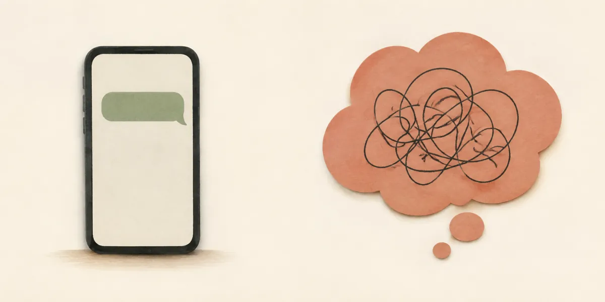 A phone with one message bubble beside a separate thought cloud filled with a looping line.